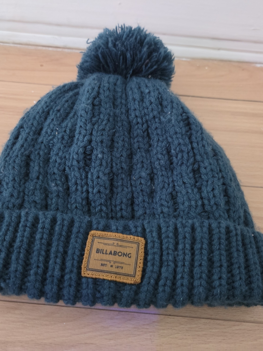 Billabong Kids Teal Knit Pom Beanie with Tan Patch